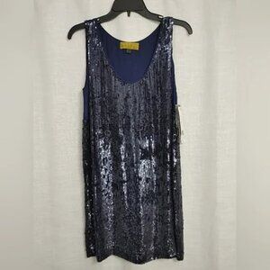 Nicole Miller Blue Sleeveless  Sequin Round Neck  Silk Shift Dress-Size: 6